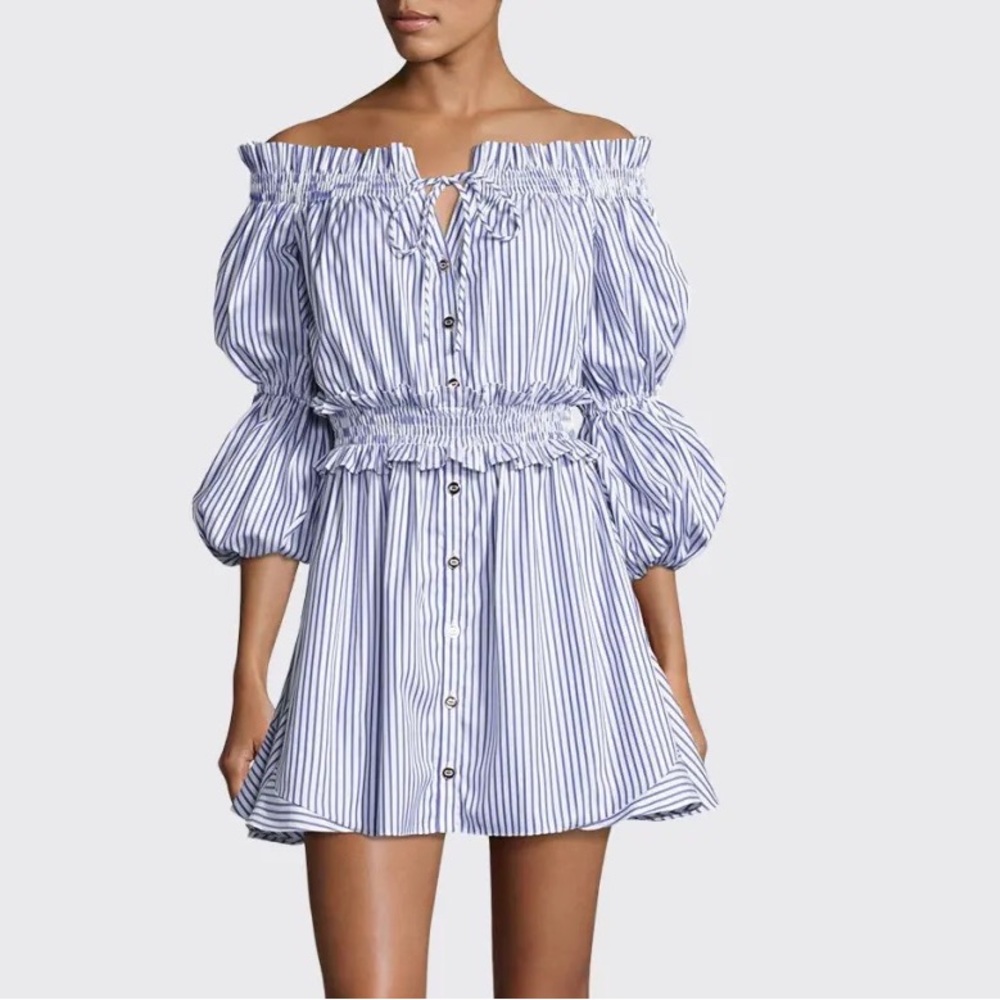 CAROLINE CONSTAS. Peasant Striped Off-the-Shoulder High-Low Dress, Blue/White.